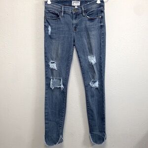 Frame Le Skinny de Jeanne Medium Wash Mid Rise Distressed Raw Edge Jeans 4946